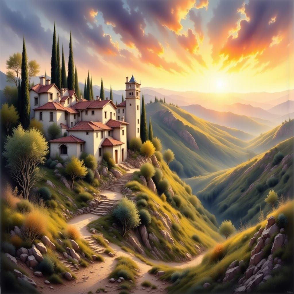 Israeli Village Sunrise Oil Painting