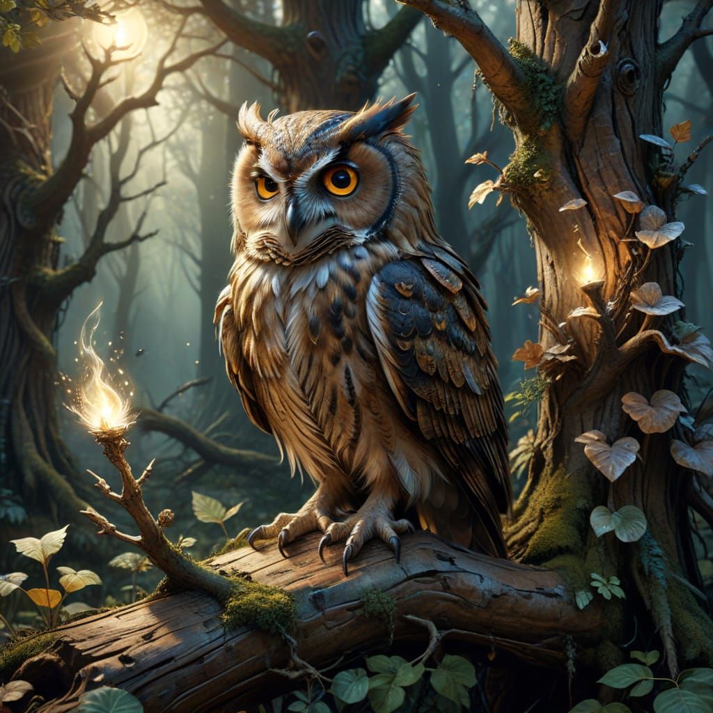 An owl sits perched on a branch in an enchanted forest  by @Soralba