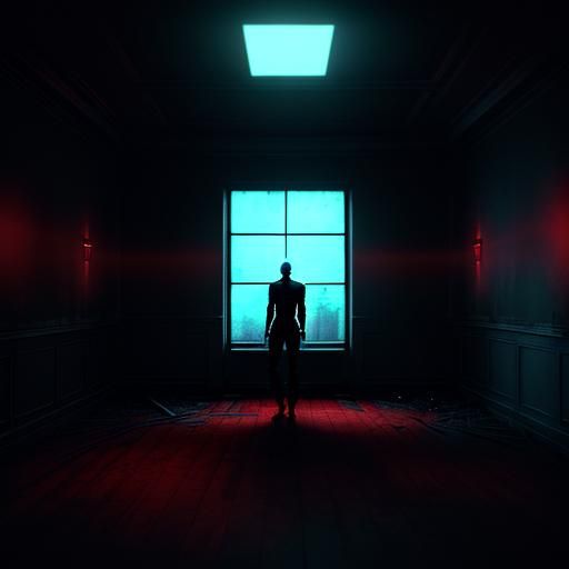 The dim red to dark blue color palette enhances the moody co...