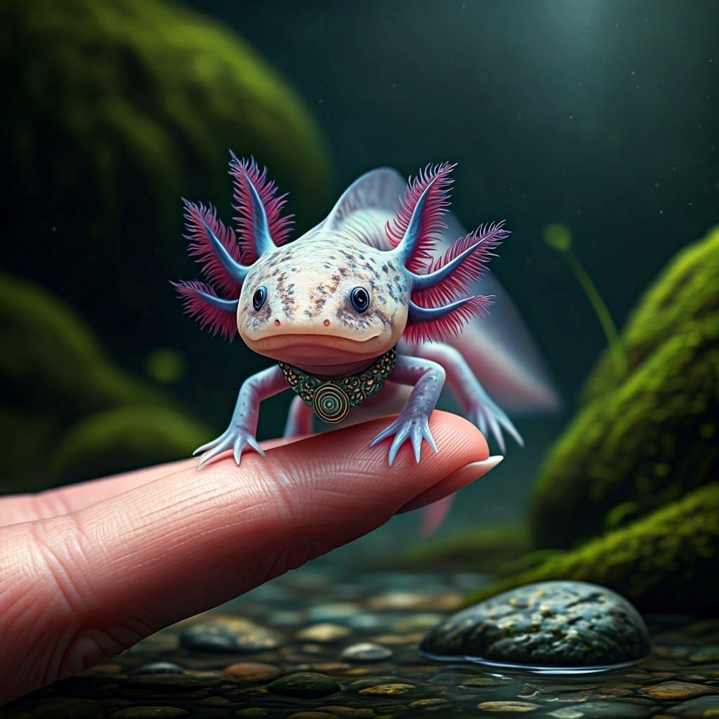 A stunning ultra-photorealistic macro photograph that captures a tiny, disheveled Pink and blue Axolotl, ...  by @James Silvers