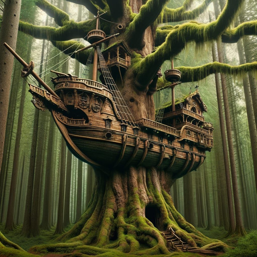 A treehouse made of an ornate old pirate ship resting in the top of a gigantic, tall, ancient, old growth ...  by @FangornForest
