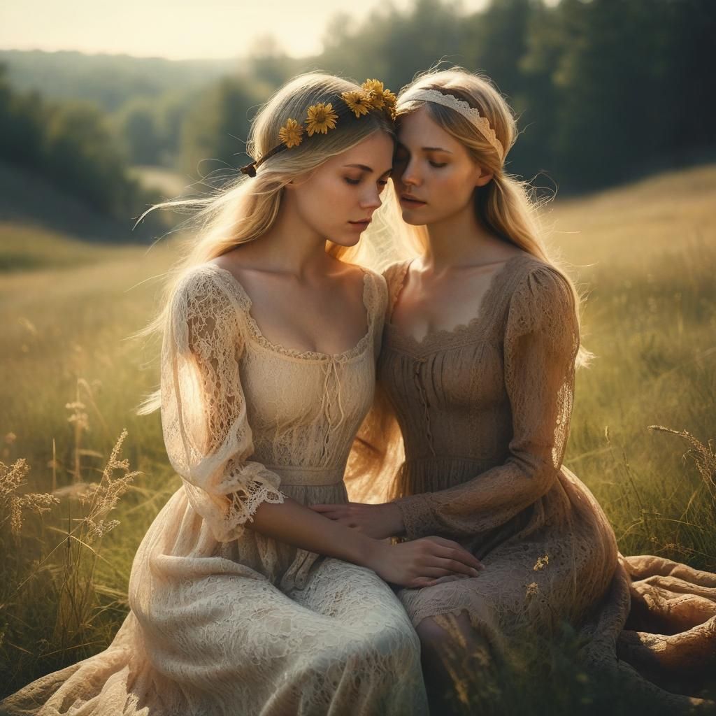 Two women lying in a meadow looking at each other, heads very close together. Blonde wearing a long flowing lace dress, straw boater. Brunet...