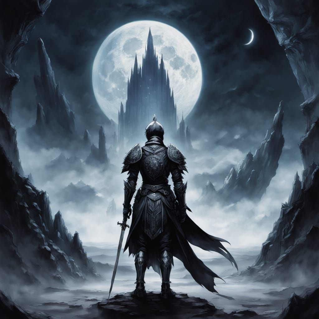 A knight in obsidian armor stands guard before a shimmering portal that pulses with otherworldly energy. The landscape is a desolate, cracke...