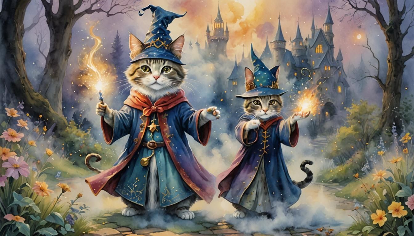A whimsical watercolor of a cat wizard conjuring magical spa...