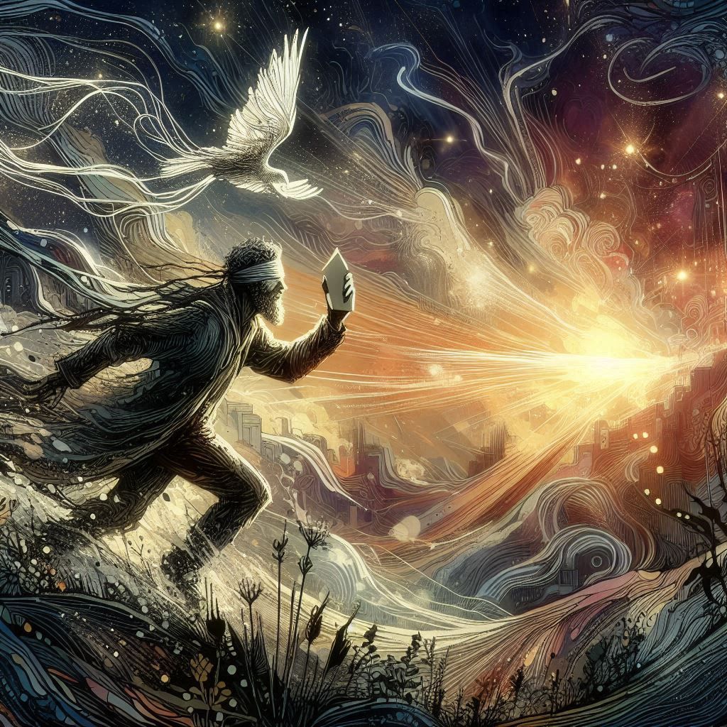 Blind man running through the light of the night With an answer in his hand