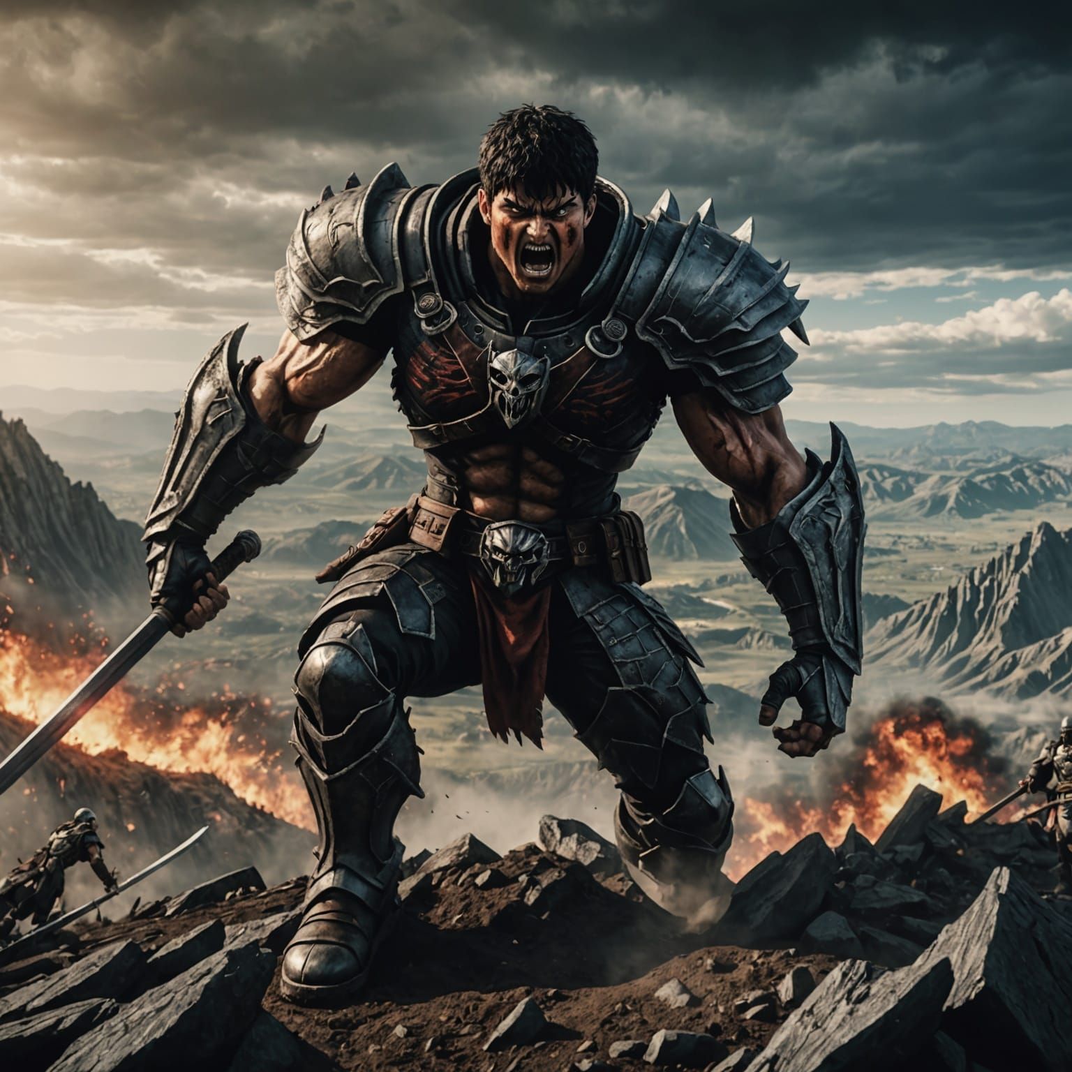 "Guts from Berserk in a battle versus eren jager from shinge...