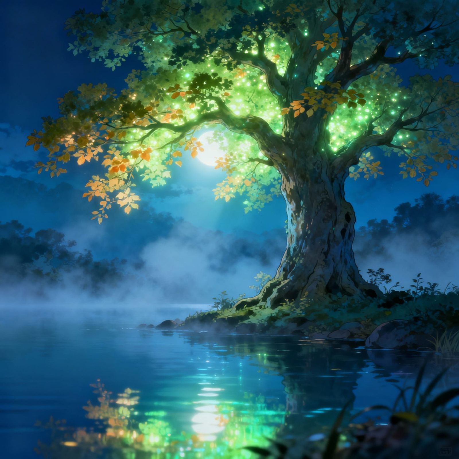 Glowing Ancient Tree by Misty Lake, Luminous Digital Paintin...