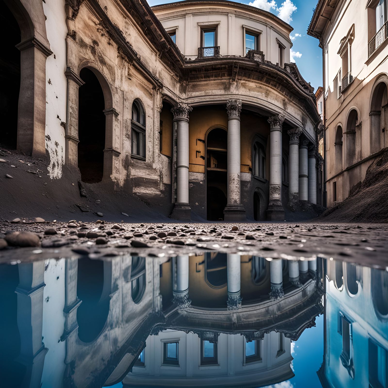 a reflection of a building in a puddle of water, market in a...