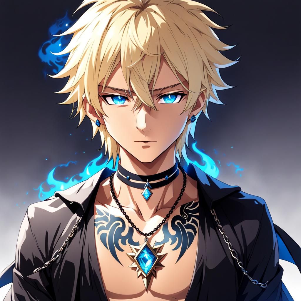 male, handsome, necklace choker, tan skin, blonde hair, blue...