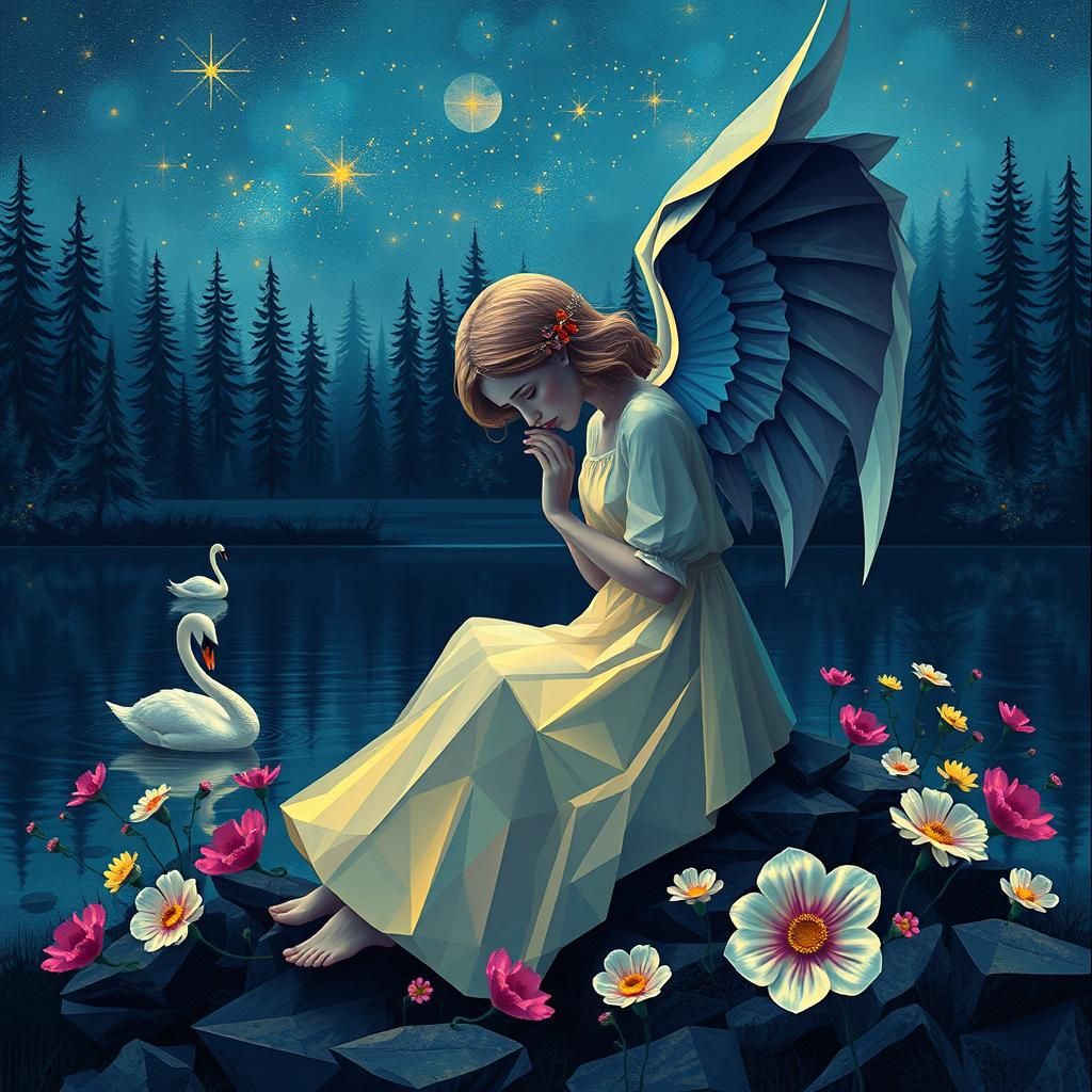 Angel sad with dress of flowers sitting shore lake forest illuminated
