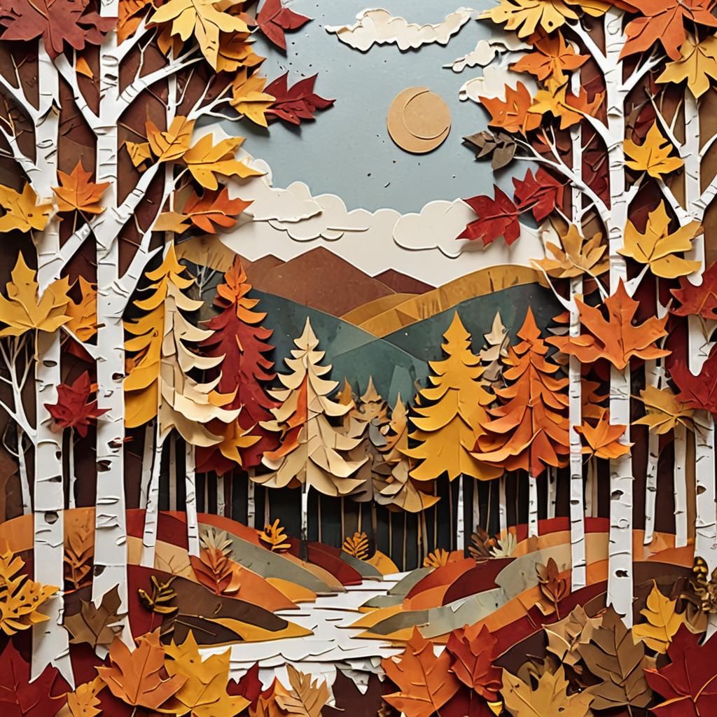 A cozy fall-themed paper collage artwork featuring layered, torn paper pieces in warm autumn colors like ...  by @CavDad 
