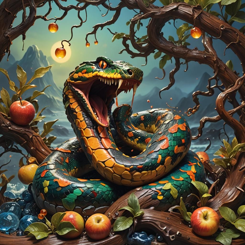 snake volcano brushing its teeths ocean apple eve and adam Hyperrealistic, splash art, concept art, mid ...  by @Baba Ganoush