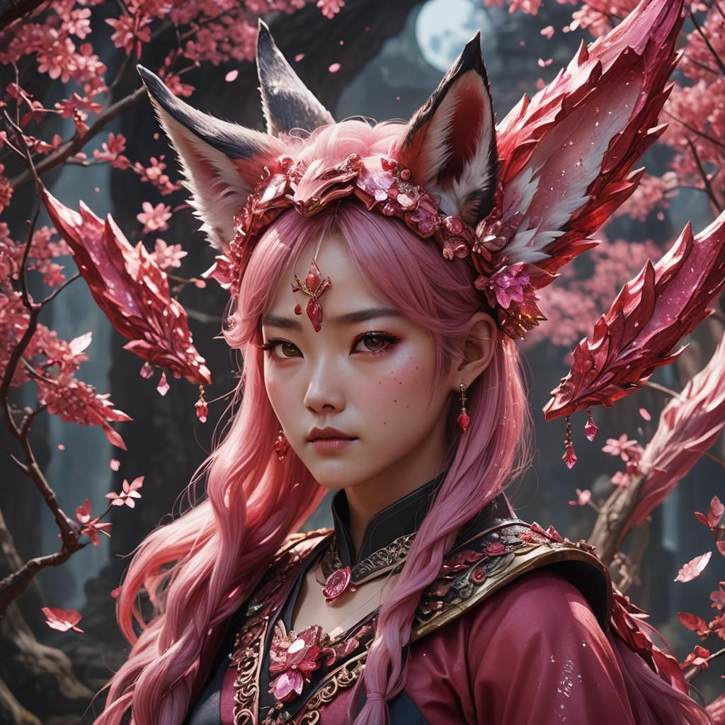 korean lady red pink crystal fox ears pink hair