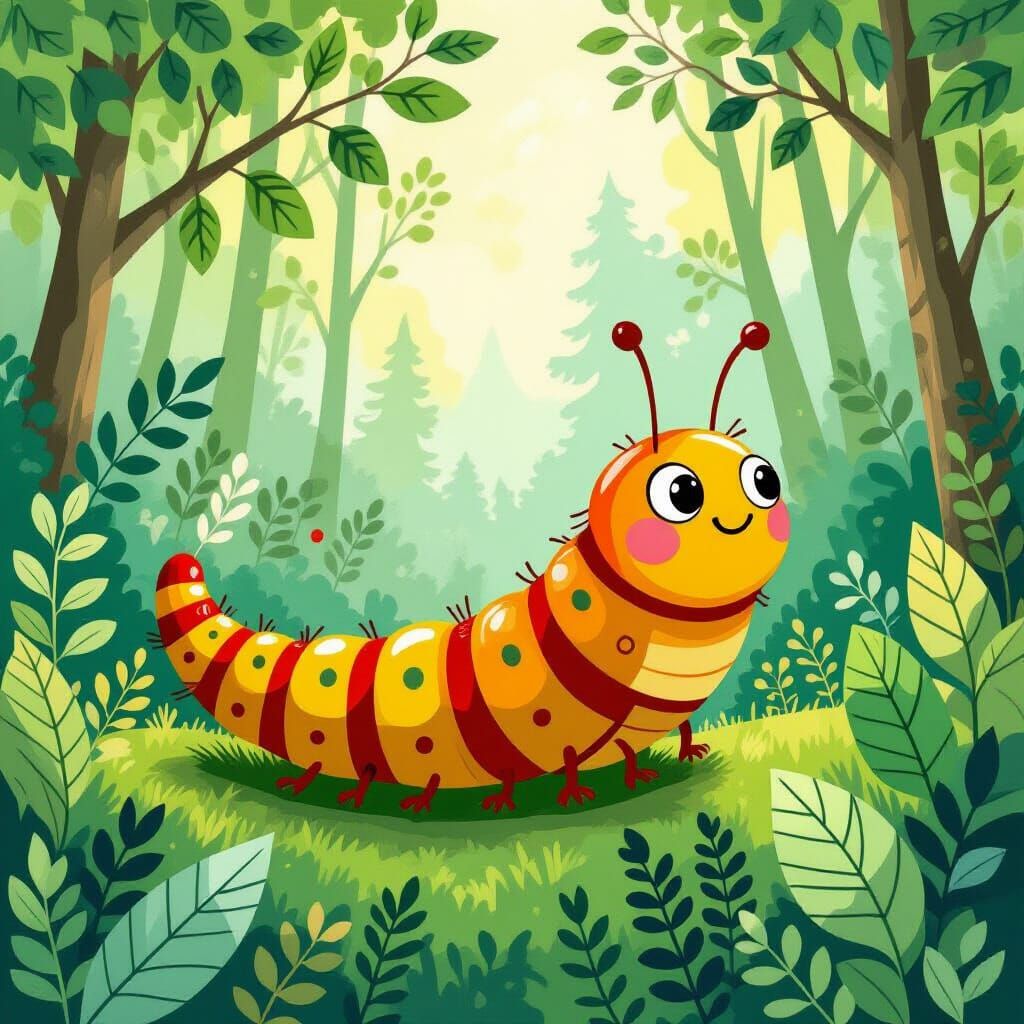 Excited Caterpillar in Whimsical Forest Illustration