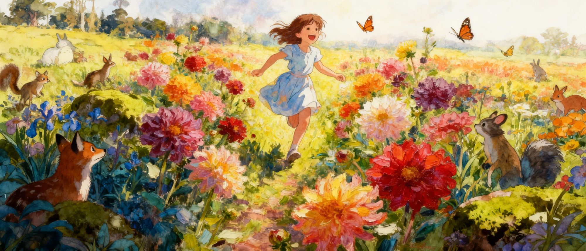flower day, a beautiful fine spring or summer day, bright, cheerful, a girl runs through the field of flowers, chasing butterflies, laughing...