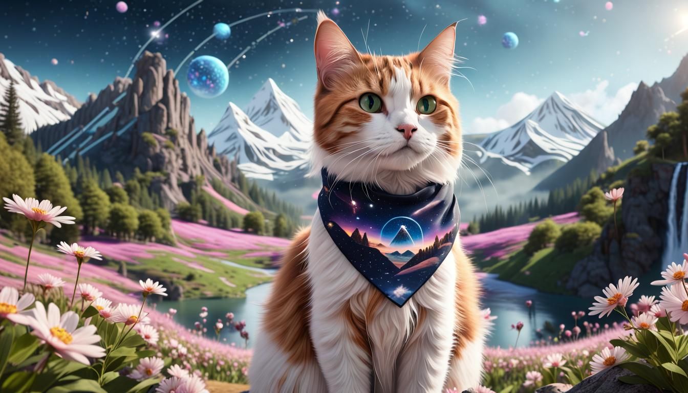 Cat in front of a beautiful mountain scape, waterfalls runni...