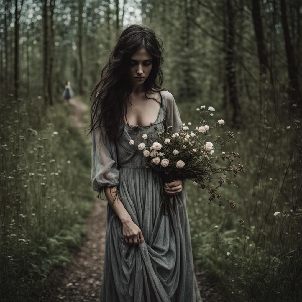 Melancholic Kurdish Woman in Forest Bath