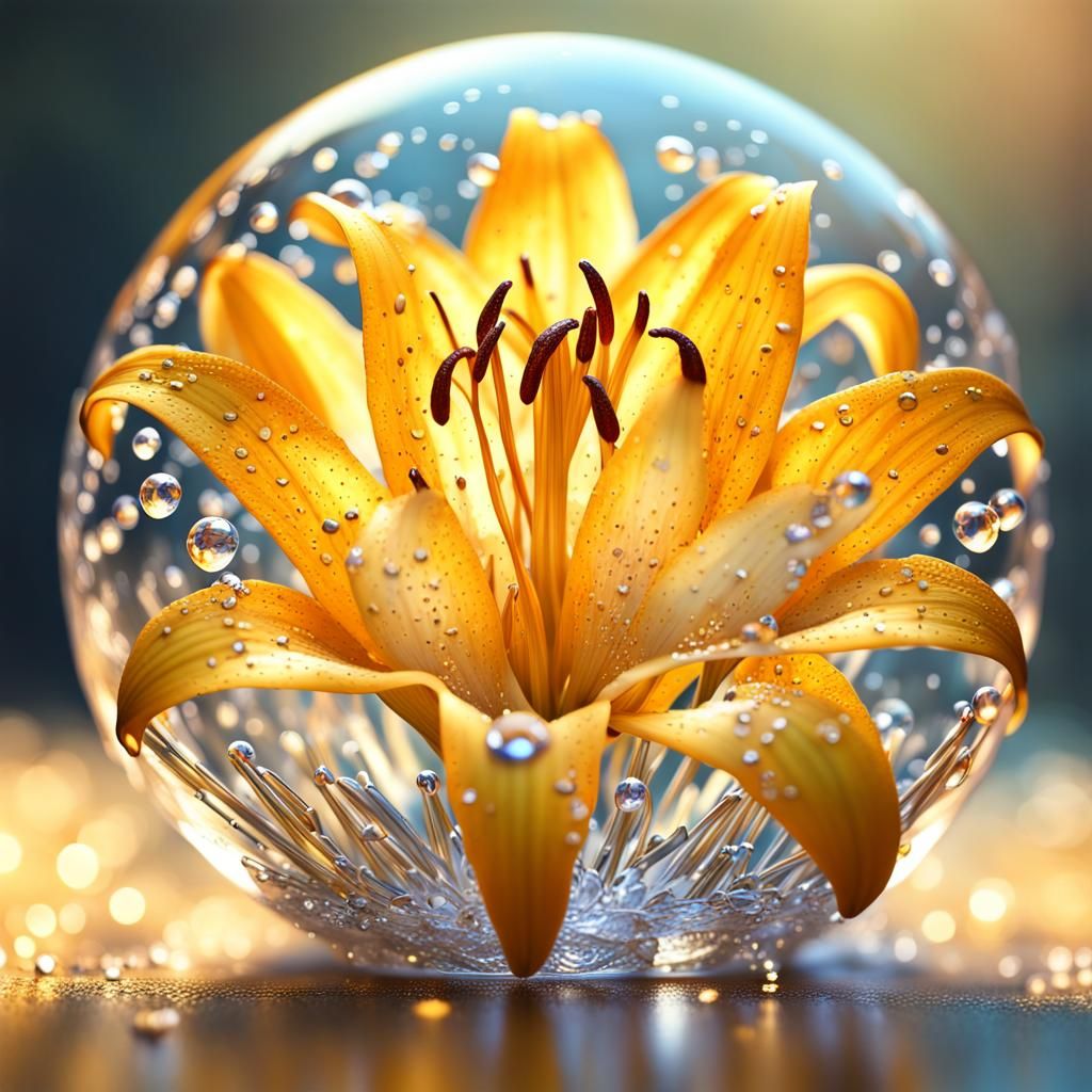 beautiful delicate hyperdetailed golden Lilly covered of gorgeous sparkling dew drops and sparkling glass fragments, in ...