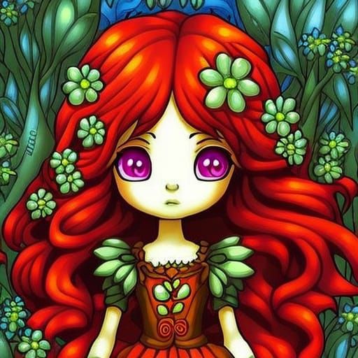 cartoon portrait; a cute girl with curly red hair, cute dres...
