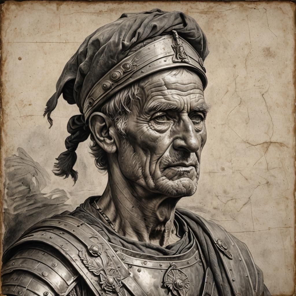 portrait of very thin and ancient elderly roman soldier, hyp...