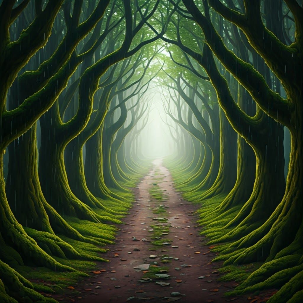 "Rainy Forest Path": "A narrow dirt path winding through a dense forest. The trees are tall and covered in moss, with raindrops falling from...