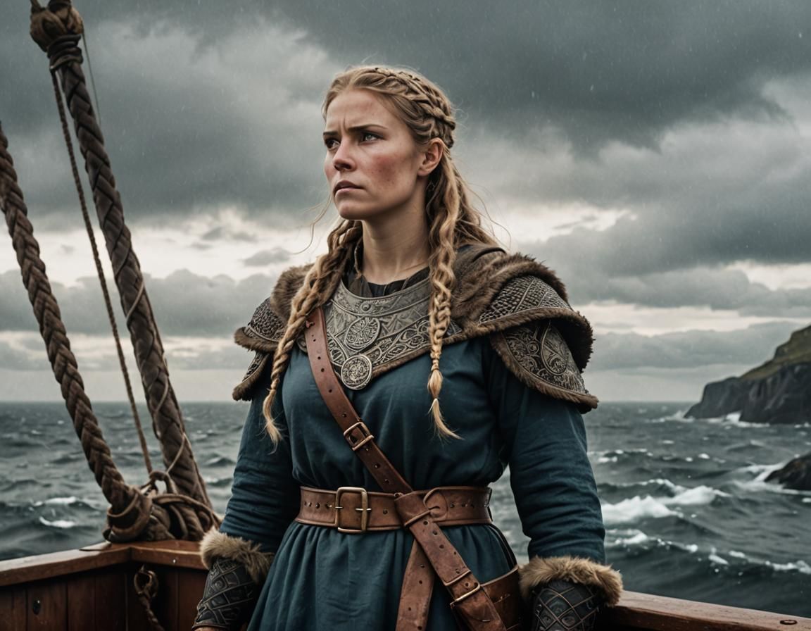 woman Clad in traditional Viking attire, she gazes into the ...