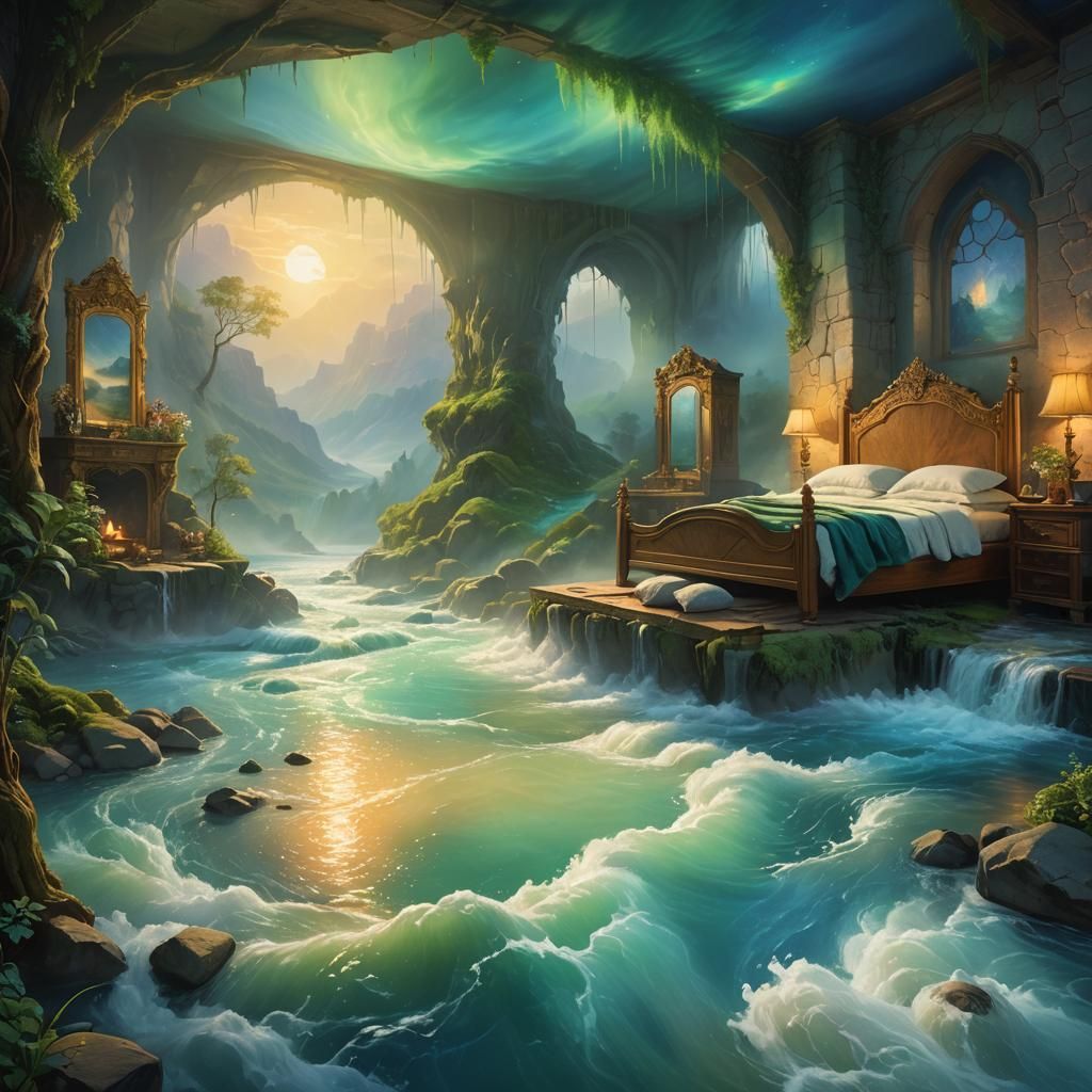 Cozy Room with River Landscape, Fantasy Concept Art