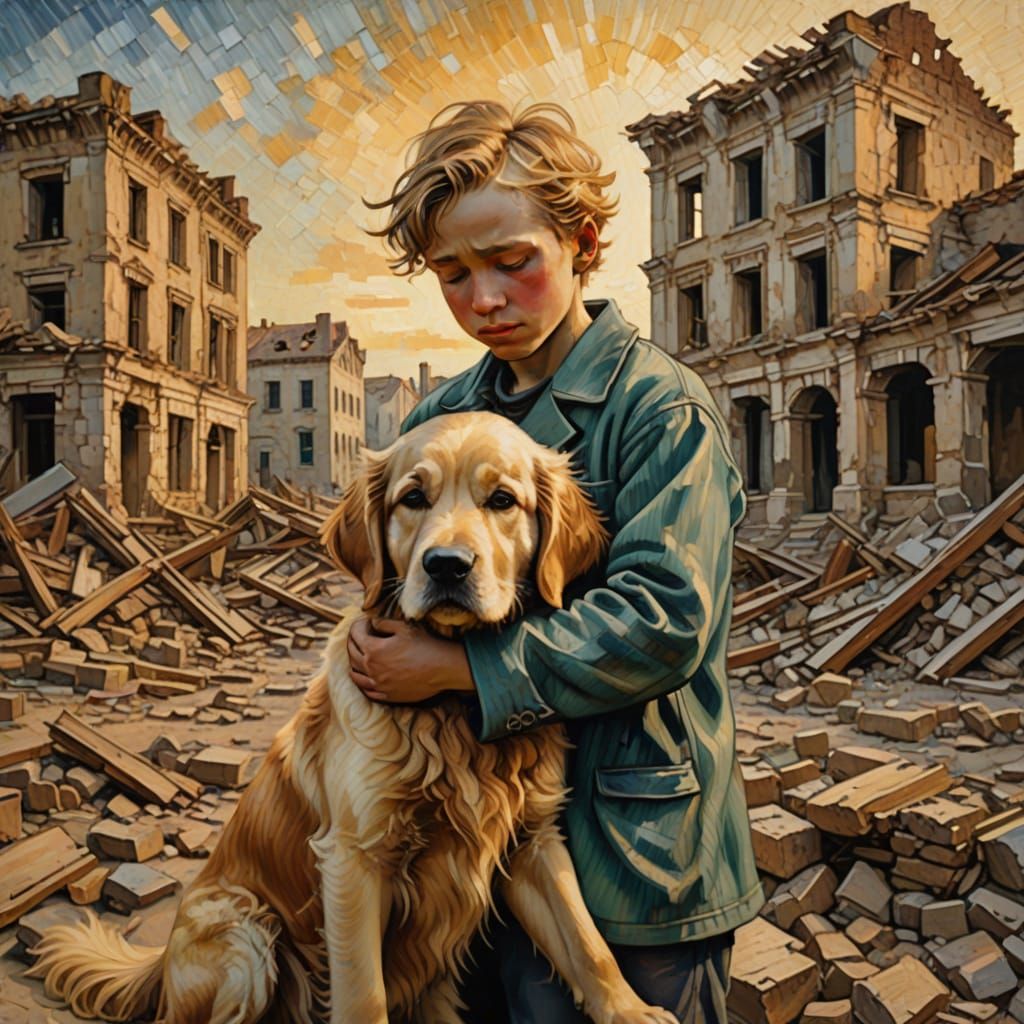 post impressionism michael garmash midnight hopeful young boy amid war zone hugging his golden retriever ...  by @-jul2910-