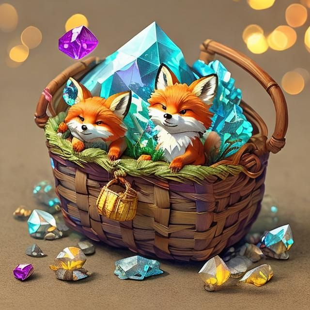 illustration of a cute and friendly chibi fox, studio ghibli style, carriing a gift basket with crystals, bokeh effect, blurred background,...