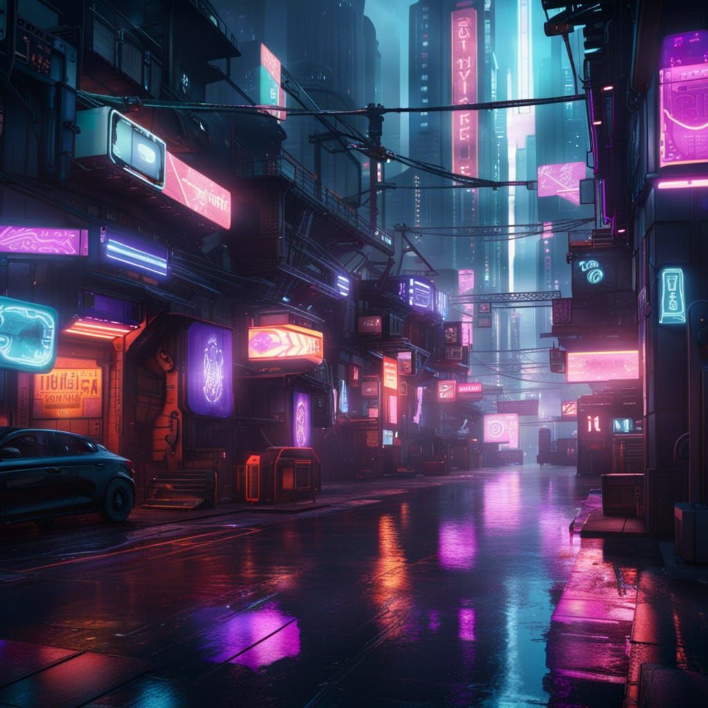 Cyberpunk city streets with neon lighting and many commercia...