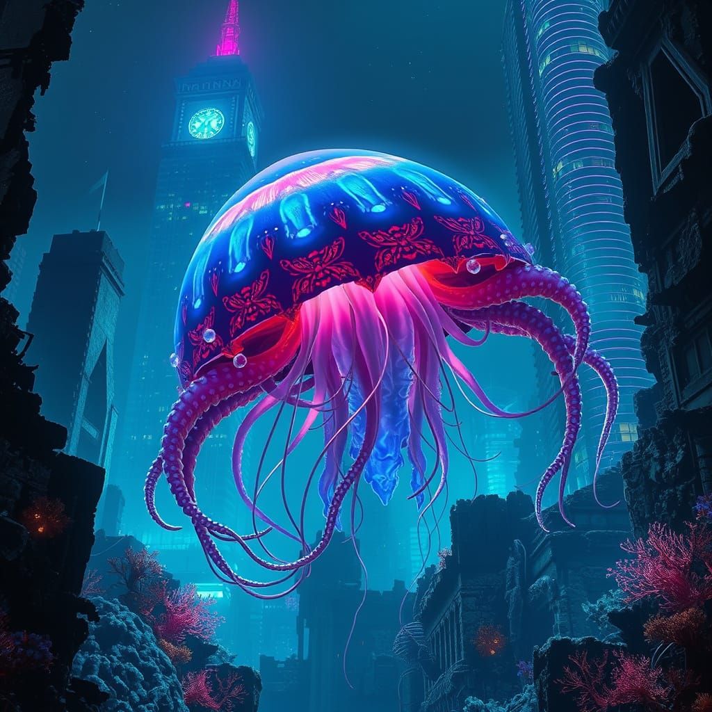 Bioluminescent Jellyfish Drifting Through Sunken City Ruins