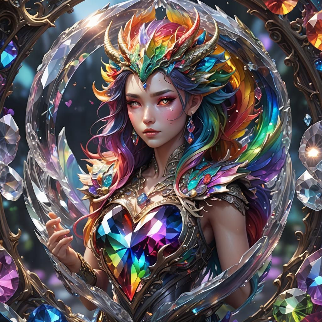 Rainbow Dragon Girl Encased in Crystal Heart