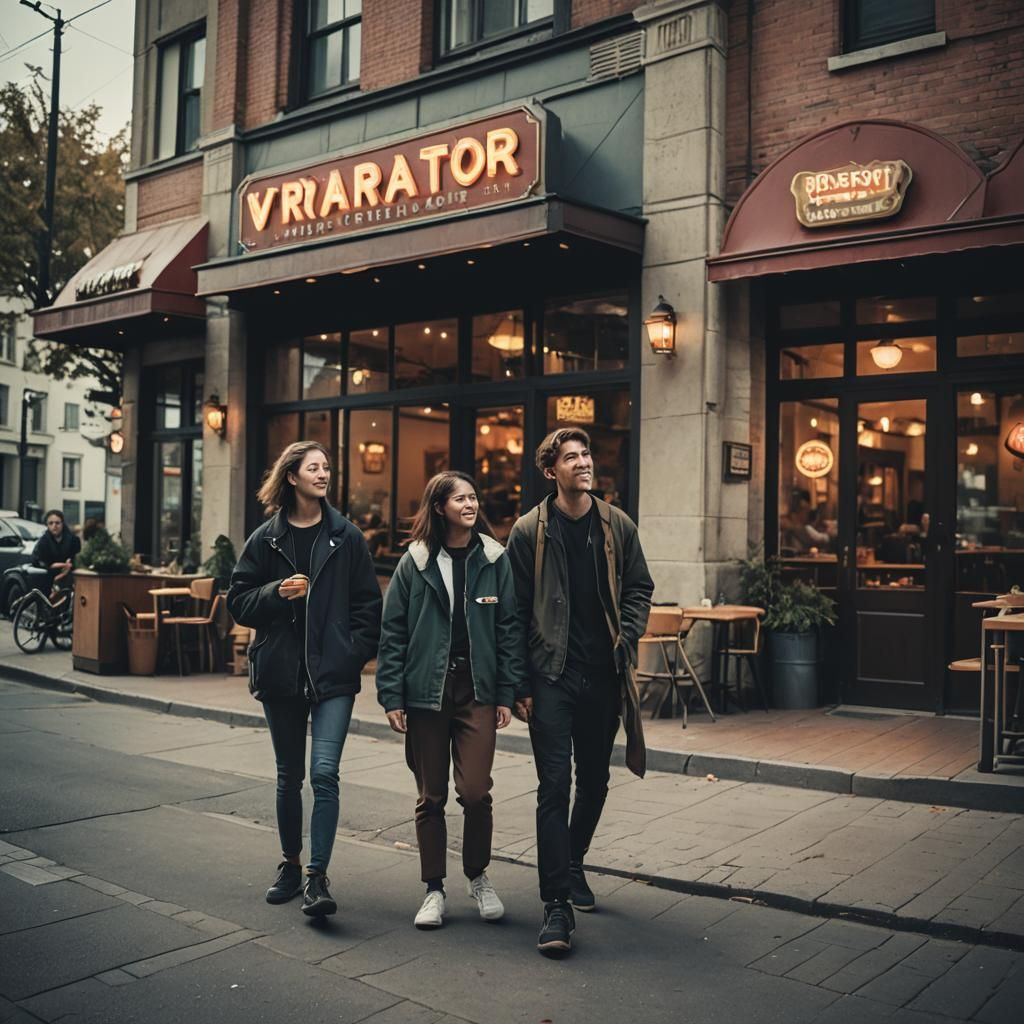 Best friends spending time together in front of the restaura...