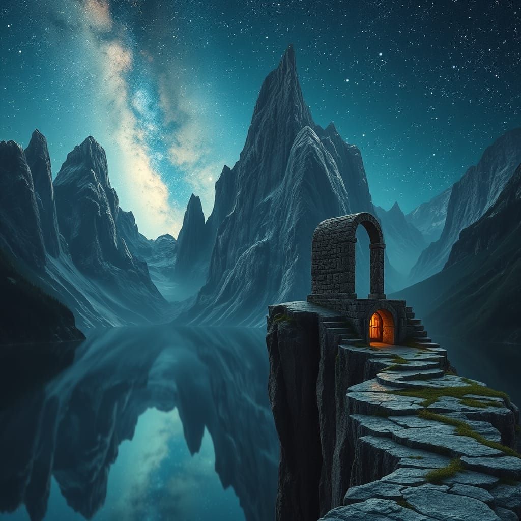 A surreal landscape where colossal, crystalline mountains rise from a calm lake, reflecting a celestial sky filled with nebulae and constell...