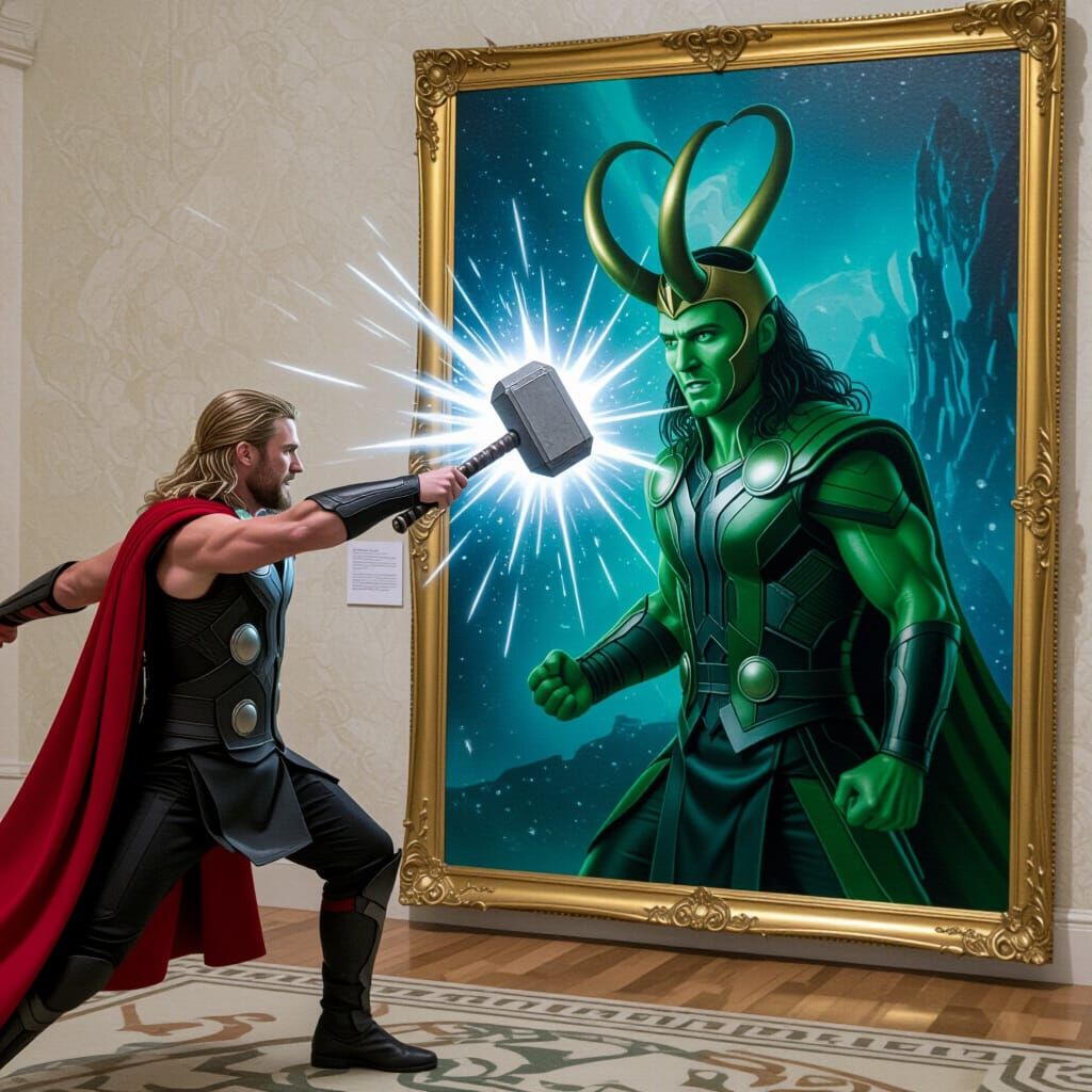 Thor throwing his hammer at a painting of Loki and the hammer hits the image of loki