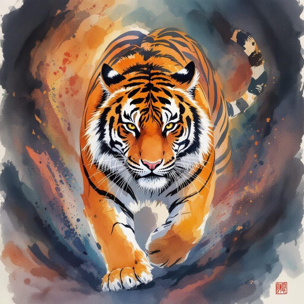 Dynamic Watercolor Tiger in Fiery Hues