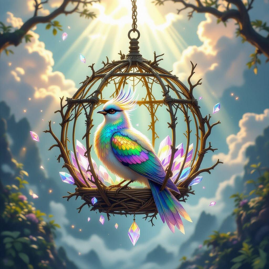 An unusual birdcage made not of metal but of natural or magical elements — branches, crystals, beams of light, or clouds. The cage has an in...