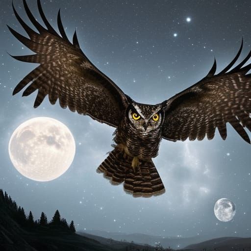 Gigantic Horned Owl Flying through the Moonlit night sky with a Deer ...