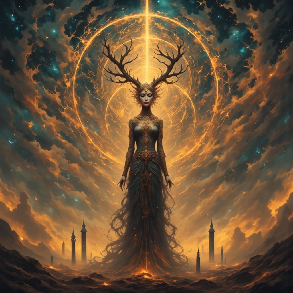 A photograph depicting an "Alien mystic" standing serenely amidst a swirling nebula, the scene bathed in warm, golden light. Behind the myst...