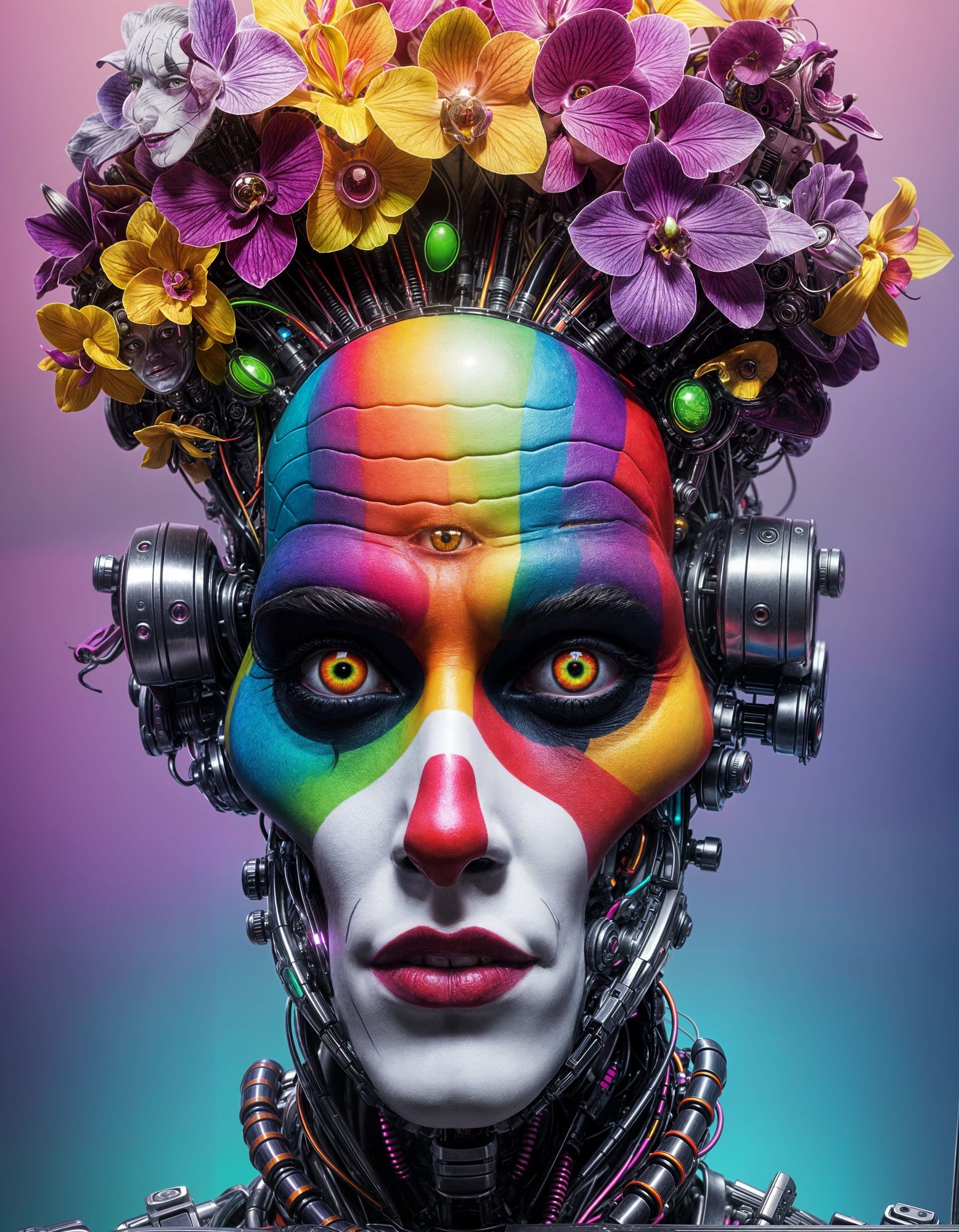 Uncanny and surreal looking robot whose face is made up to look like a rainbow psychedelic clown with glowing yellow eyes and an a cocked  e...