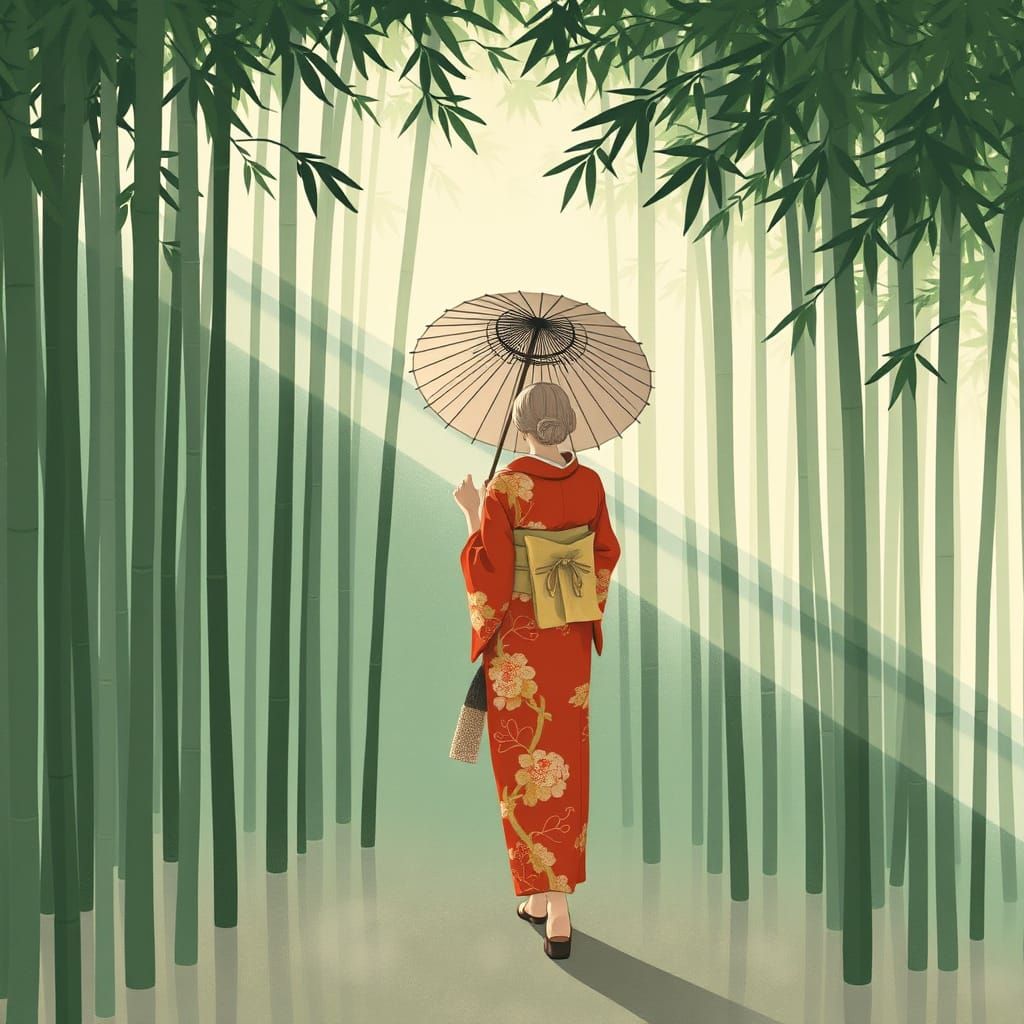 Woman in Kimono in Bamboo Forest