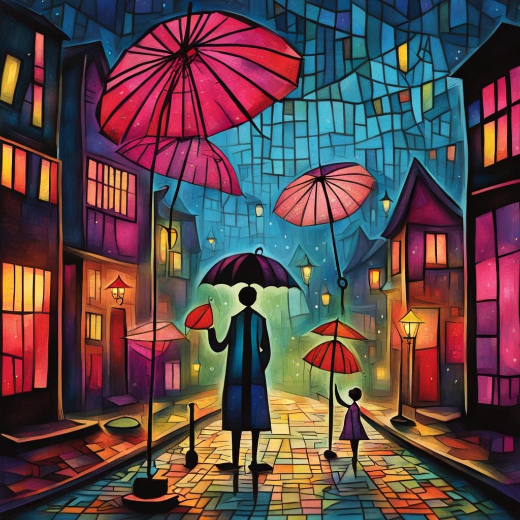 umbrella on a rainy city street at night.