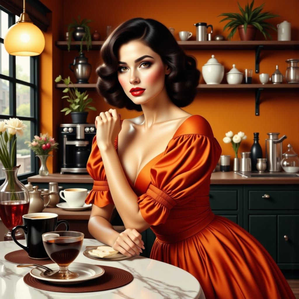 Art Deco Woman with Coffee in Watercolor Style