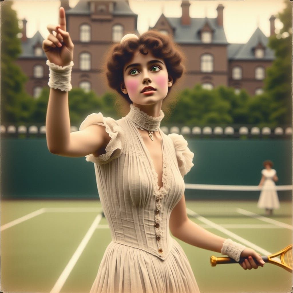  <lora:Flux Gibson Girl:1.0> beautiful ethereal Gibson girl playing tennis, soft smile, colorized vintage photo 