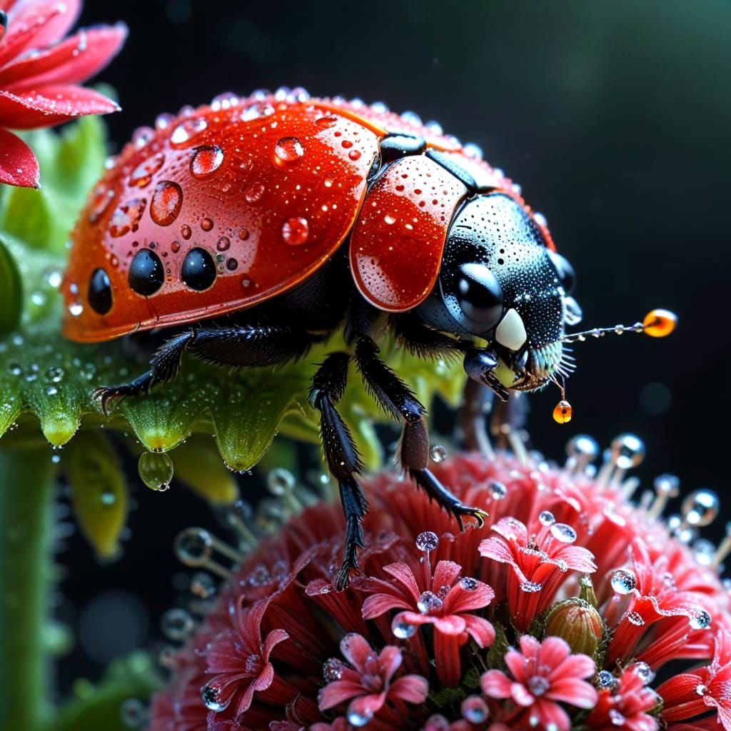 A beautiful ladybug covered in shiny dewdrops (6 likes)  by @h7sus2