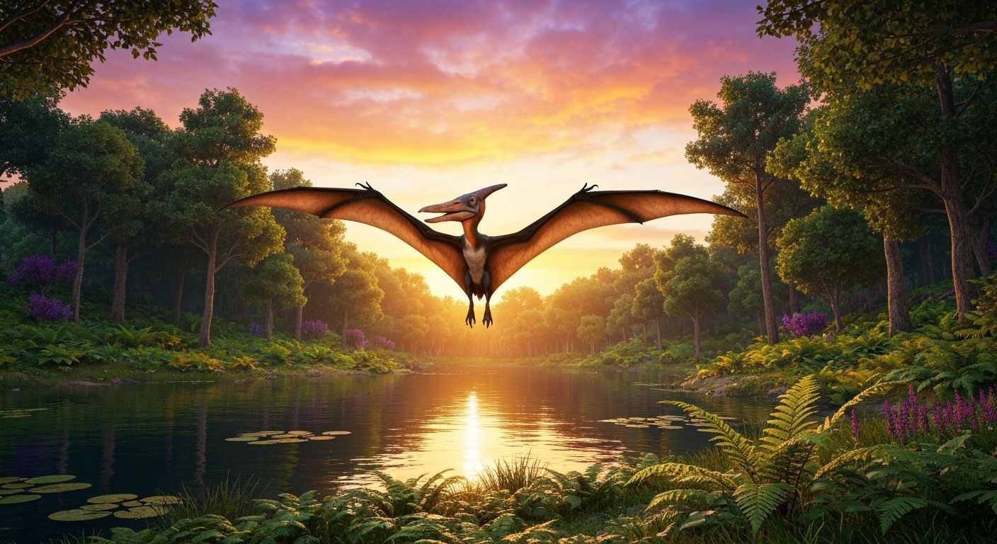 a pterodactyl flying over a lake in a beautiful lush Jurassic landscape