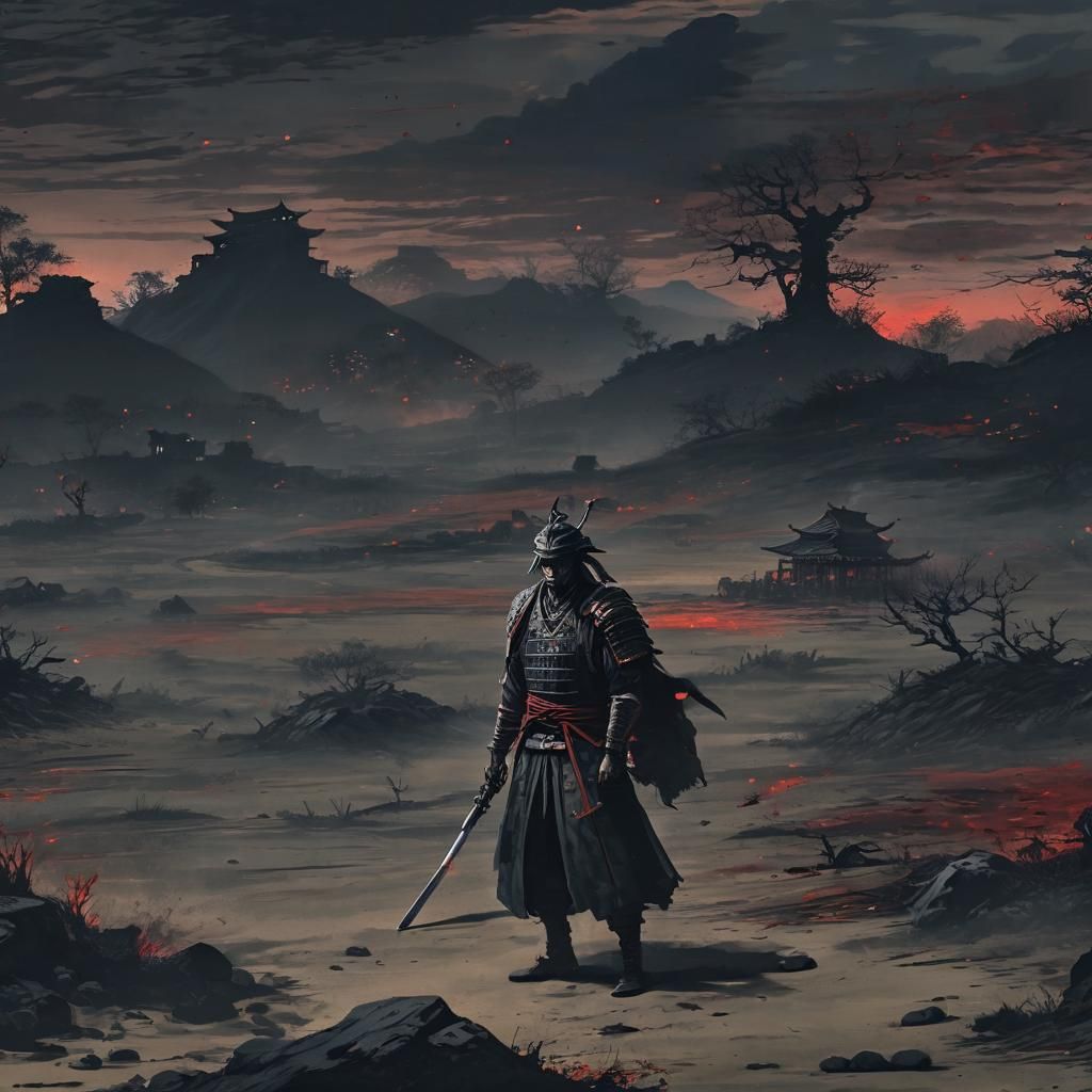 lone samurai in battlefield, bloody, night, moonlit
