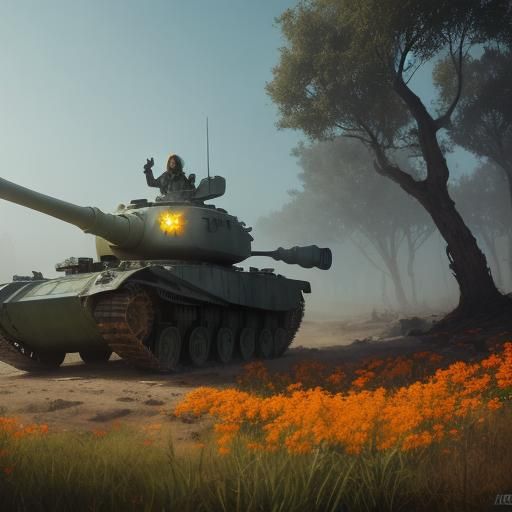 Netanyahu on Happy Tank in Fantasy Landscape