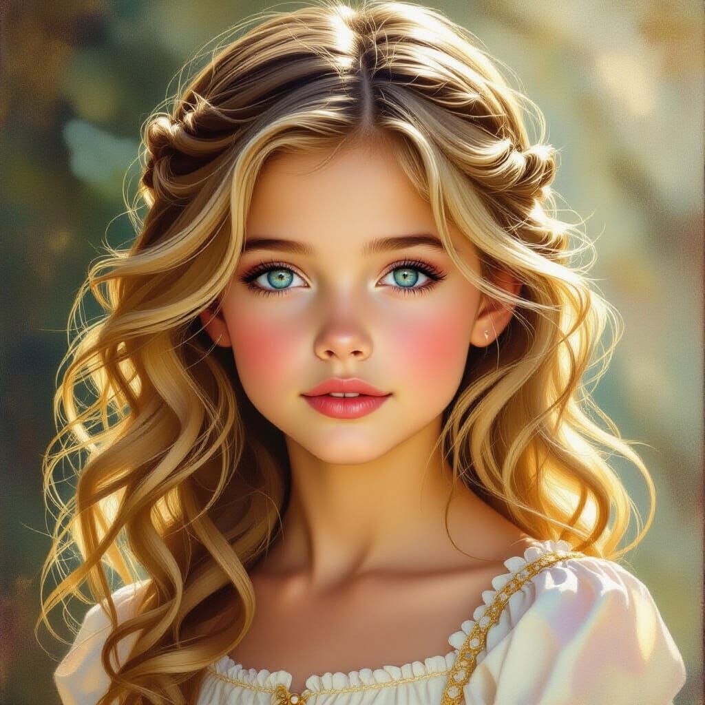 Beautiful Girl with Wavy Blonde Hair and Blue Eyes in Pre-Ra...