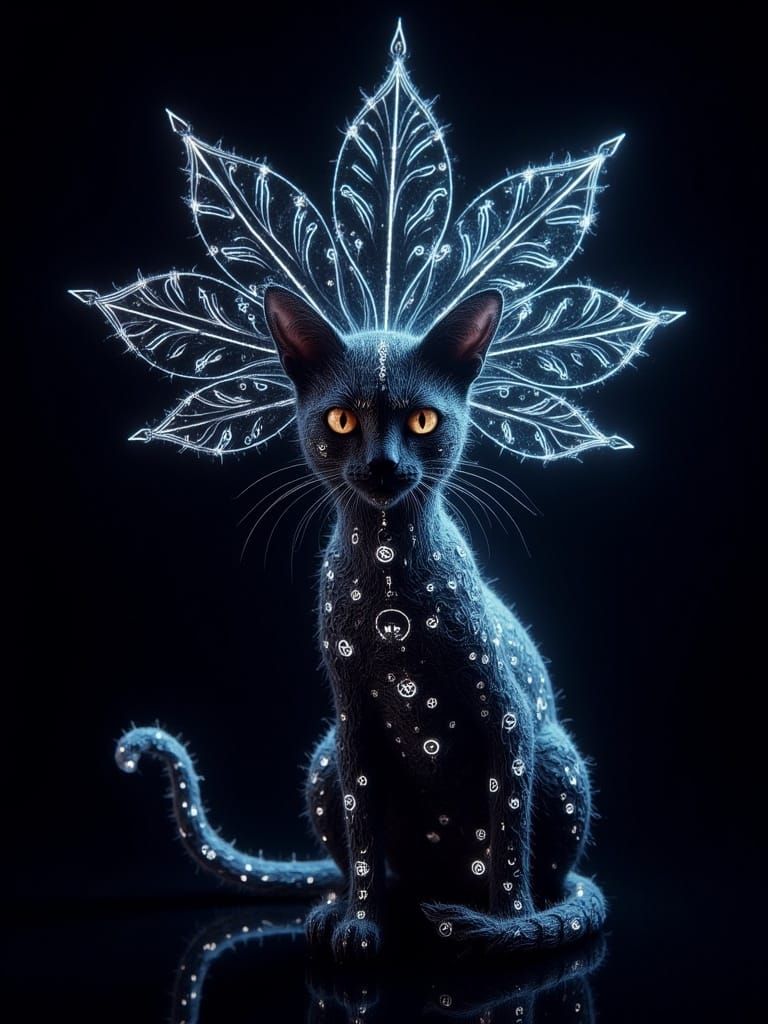 Glowing runes dark, A cute cat under a leaf made of glass, blossoms, reflective catchlights, detailed <lora:Glowing runes flux:1.0> 